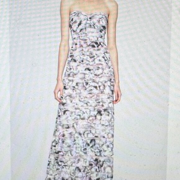 BCBG Ruffled Print Silk Gown - strapless formal gown - Picture 1 of 13